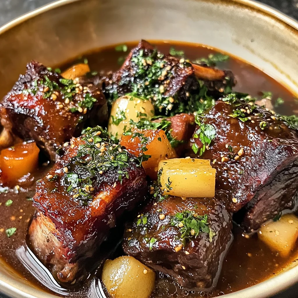 Braised Short Ribs & Lamb Shanks in Red Wine Herb Sauce