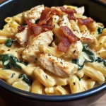 Creamy Chicken, Bacon & Spinach Pasta in Cheesy Garlic Sauce
