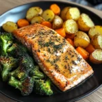 Garlic Butter Salmon with Roasted Potatoes, Glazed Carrots & Steamed Broccoli