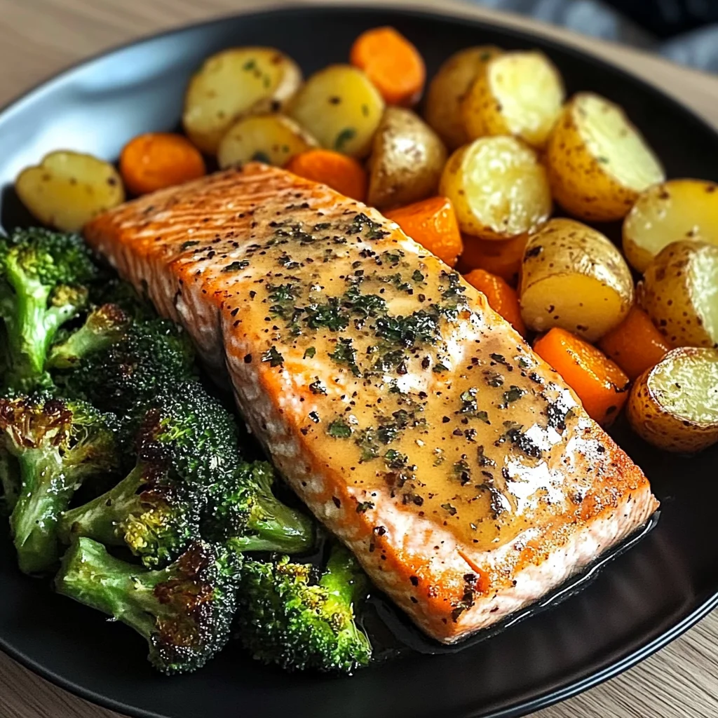 Garlic Butter Salmon with Roasted Potatoes, Glazed Carrots & Steamed Broccoli