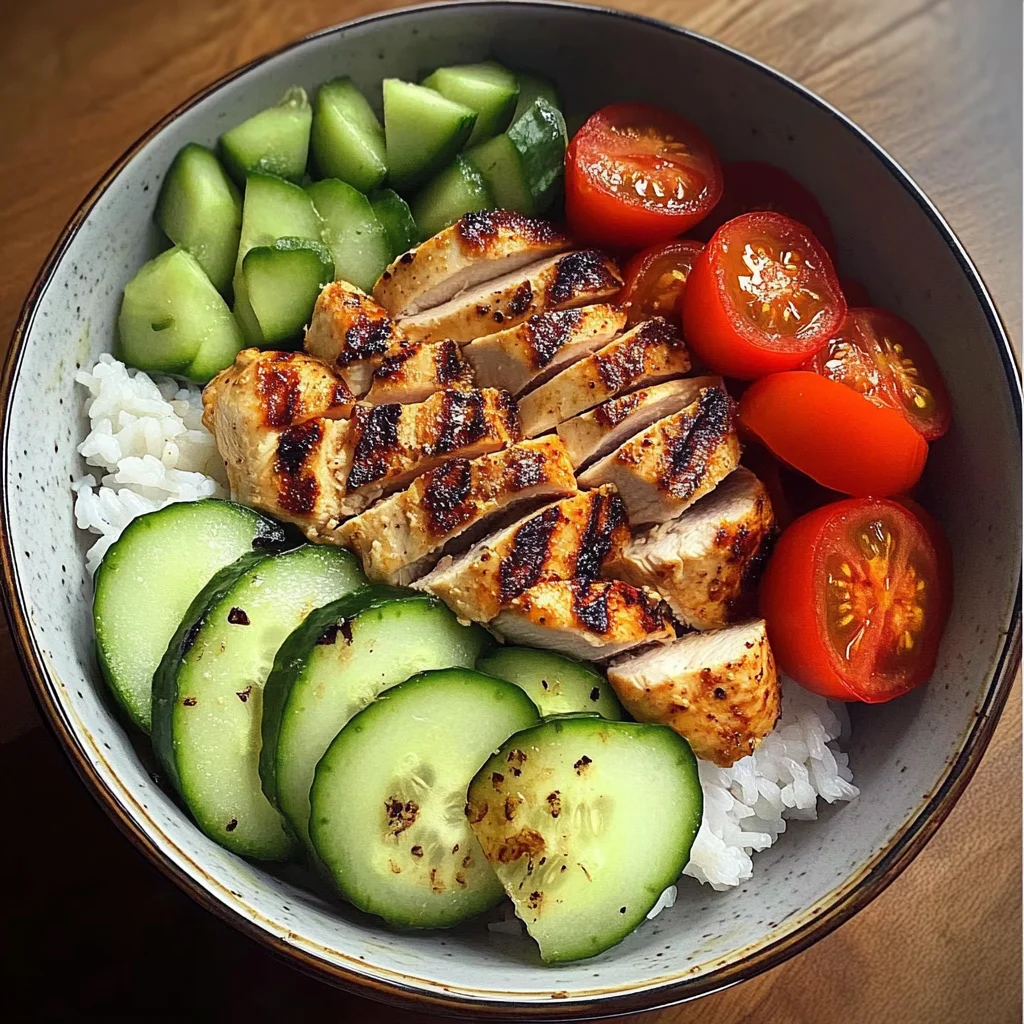 Grilled Chicken Rice Bowl with Avocado, Cucumber & Cherry Tomatoes