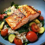 Pan-Seared Salmon on Garlic Veggie Rice Bowl