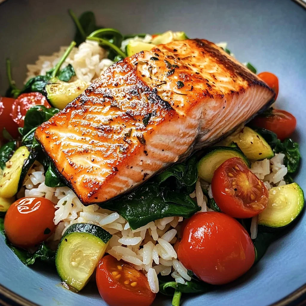 Pan-Seared Salmon on Garlic Veggie Rice Bowl