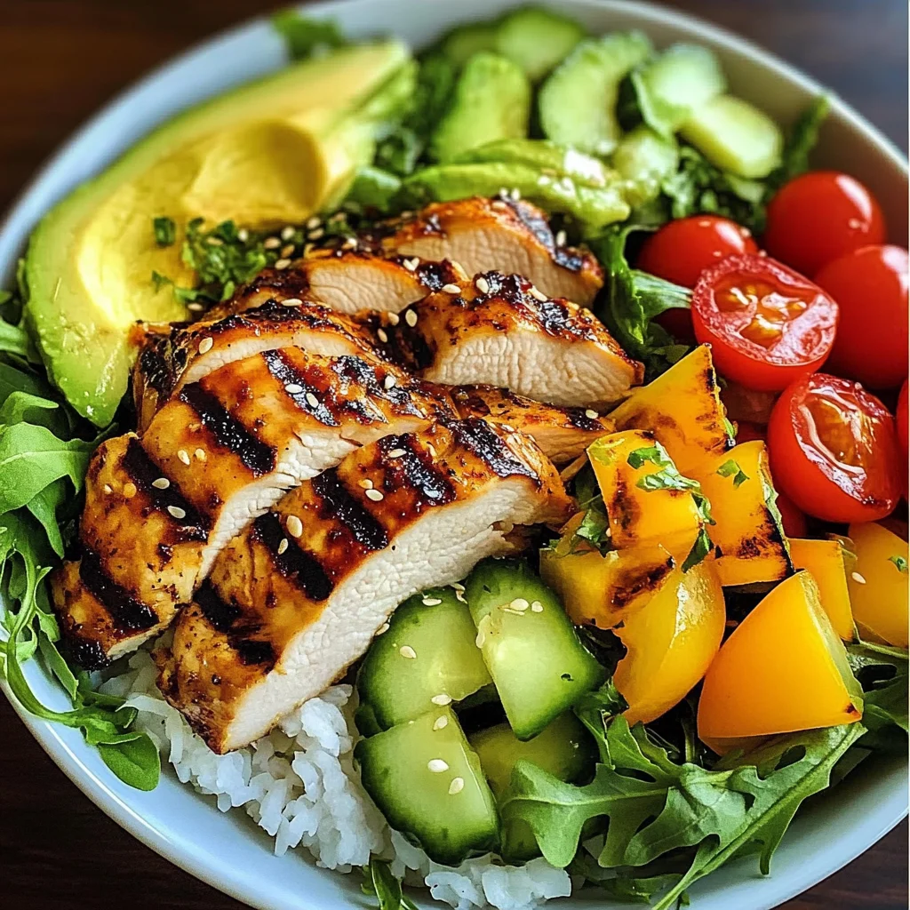 Rainbow Grilled Chicken Rice Bowl with Avocado & Crunchy Salad